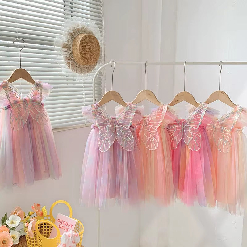 Rainbow Whimsy: 2024 Princess Butterfly Mesh Dress for Baby Girls Aged 1–5