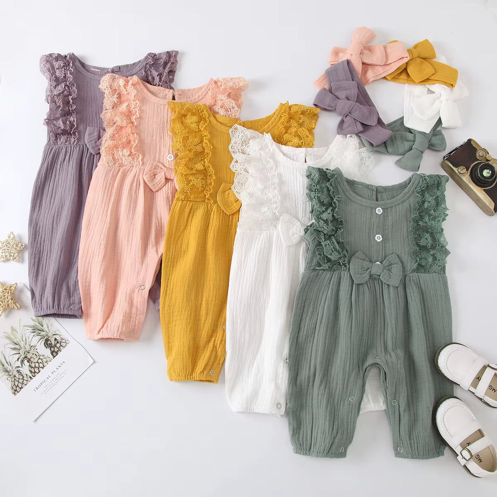 LunaLinen – Baby Girl Cotton Romper & Headdress Set